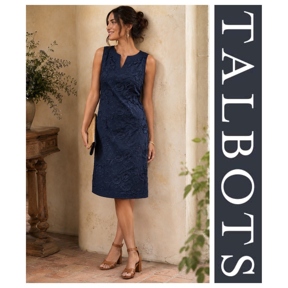 Talbots Navy Blue Floral Embroidered Sleeveless Sheath Dress Size 12 NWT
